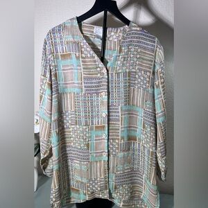ELLA Design Women XL Button Front Blouse Abstract Print Long Sleeve